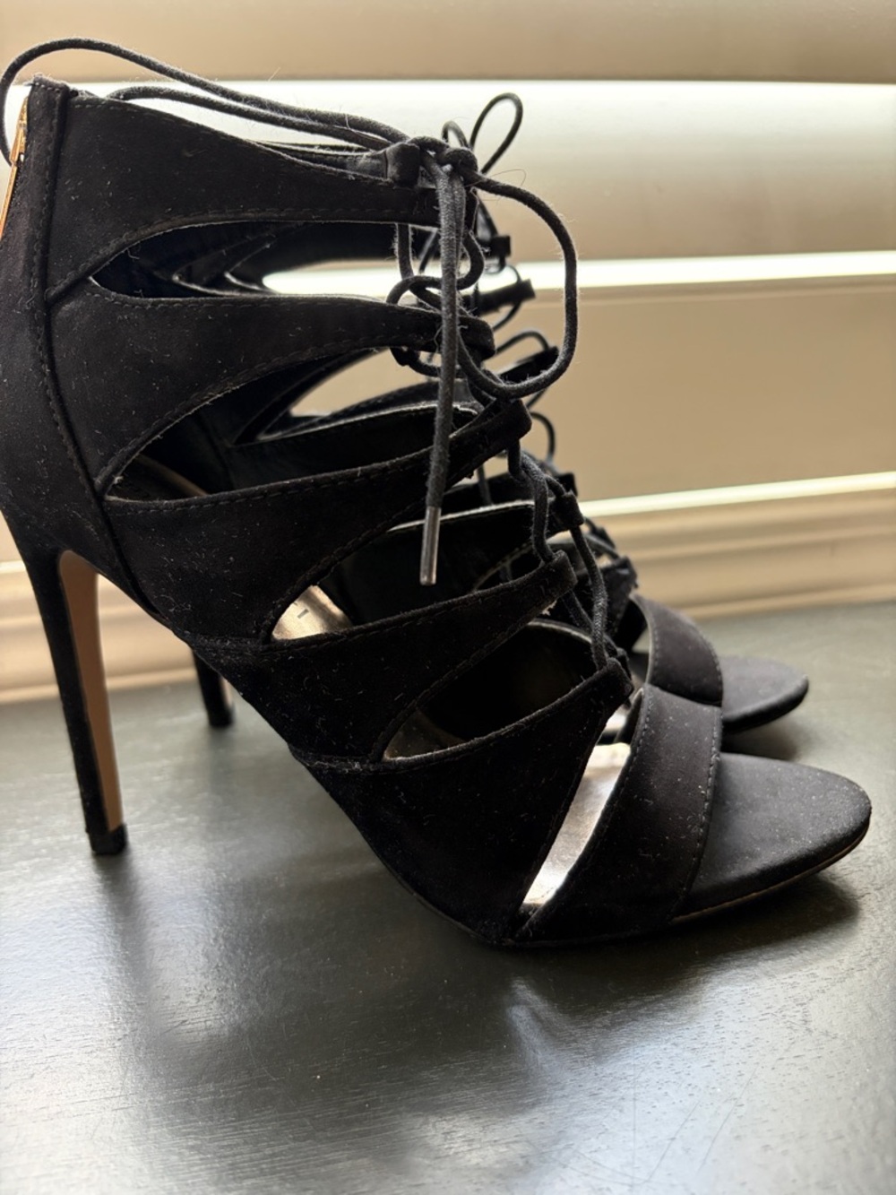 Madden Girl Black Lace-Up Cutout Stiletto Heels